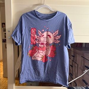 Lilac Blue Graphic Short Sleeve Tee with Pink Strawberry Axolotl